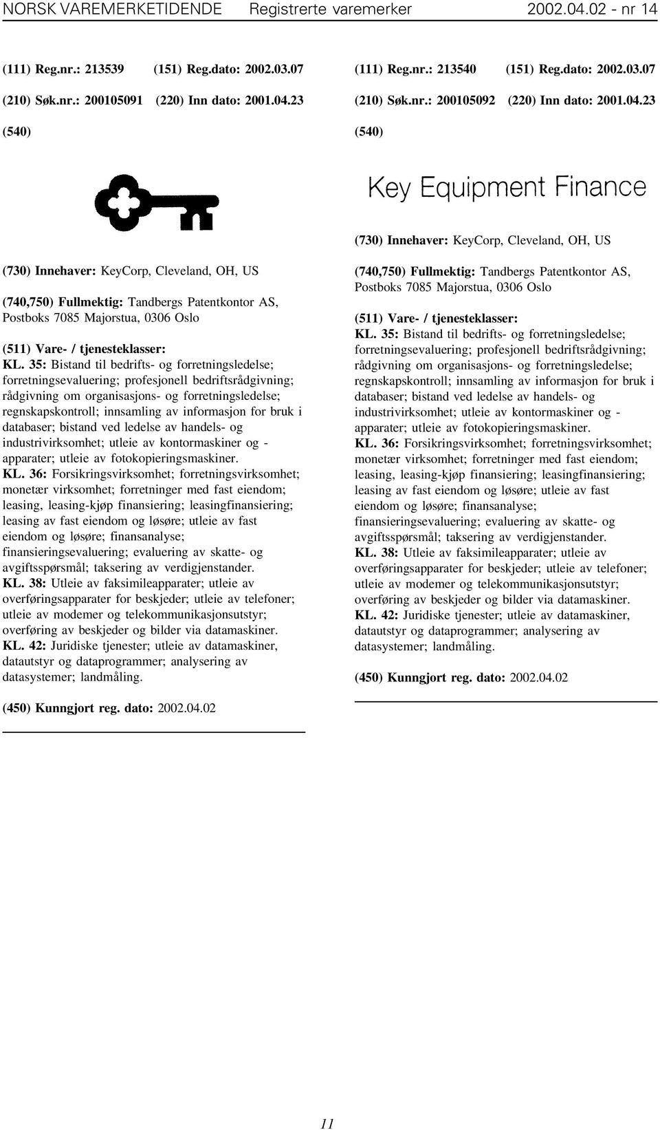 23 (730) Innehaver: KeyCorp, Cleveland, OH, US (730) Innehaver: KeyCorp, Cleveland, OH, US (740,750) Fullmektig: Tandbergs Patentkontor AS, Postboks 7085 Majorstua, 0306 Oslo KL.