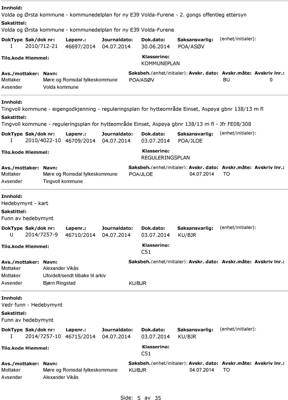 : Mottaker Møre og Romsdal fylkeskommune B 0 Volda kommune nnhold: Tingvoll kommune - eigengodkjenning - reguleringsplan for hytteområde Einset, Aspøya gbnr 138/13 m fl Tingvoll kommune -