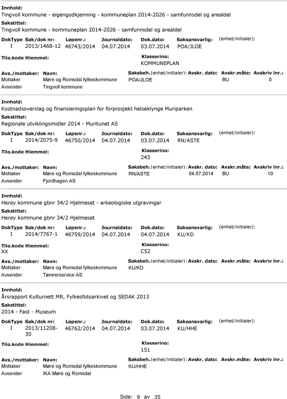 : Mottaker Møre og Romsdal fylkeskommune POA/JLOE B 0 Tingvoll kommune nnhold: Kostnadsoverslag og finansieringsplan for forprosjekt helseklynge Muriparken Regionale utviklingsmidler 2014 - Muritunet