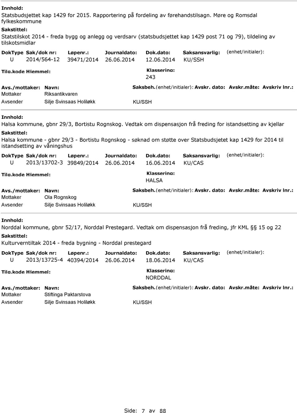 2014 K/SSH 243 Avs./mottaker: Navn: Saksbeh. Avskr. dato: Avskr.måte: Avskriv lnr.: Mottaker Riksantikvaren Silje Svinsaas Holiløkk K/SSH Halsa kommune, gbnr 29/3, Bortistu Rognskog.