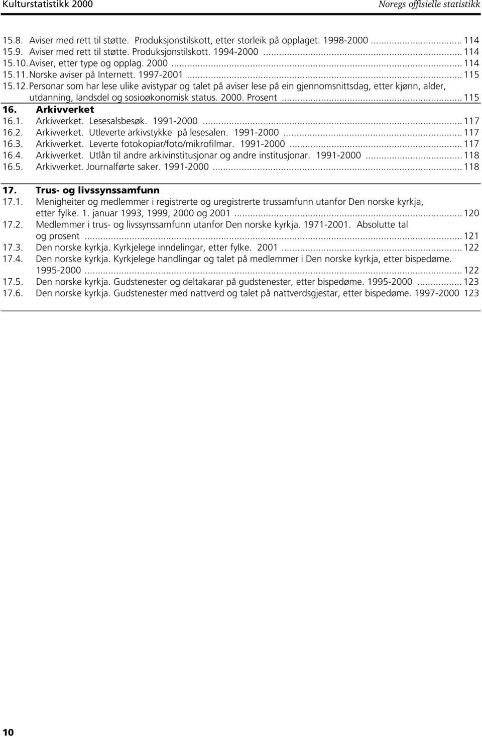 Personar som har lese ulike avistypar og talet på aviser lese på ein gjennomsnittsdag, etter kjønn, alder, utdanning, landsdel og sosioøkonomisk status. 2000. Prosent... 115 16. Arkivverket 