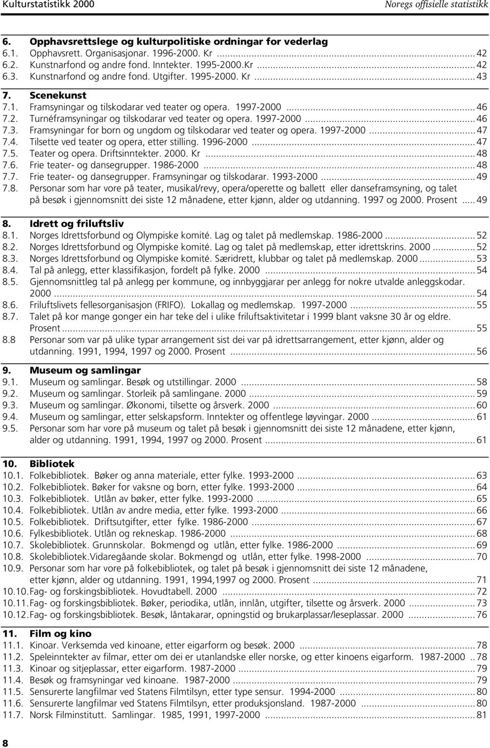 1997-2000... 46 7.3. Framsyningar for born og ungdom og tilskodarar ved teater og opera. 1997-2000... 47 7.4. Tilsette ved teater og opera, etter stilling. 1996-2000... 47 7.5. Teater og opera.