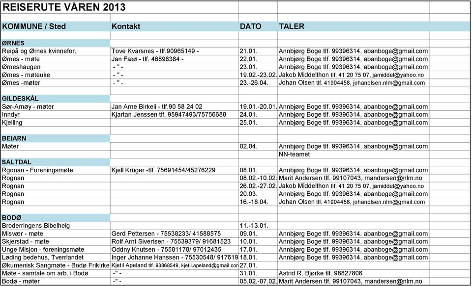 41 20 75 07, jamiddel@yahoo.no Ørnes -møter - " - 23.-26.04. Johan Olsen tlf. 41904458, johanolsen.nlm@gmail.com GILDESKÅL Sør-Arnøy - møter Jan Arne Birkeli - tlf.90 58 24 02 19.01.