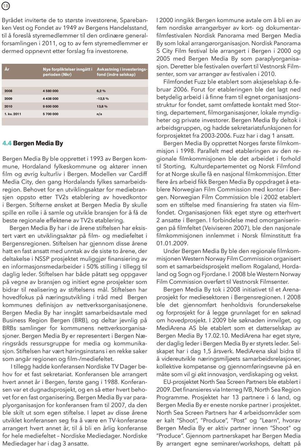 kv. 2011 5 700 000 n/a Avkastning i investeringsfond (indre selskap) Bergen Media By ble opprettet i 1993 av Bergen kommune, Hordaland fylkeskommune og aktører innen film og øvrig kulturliv i Bergen.