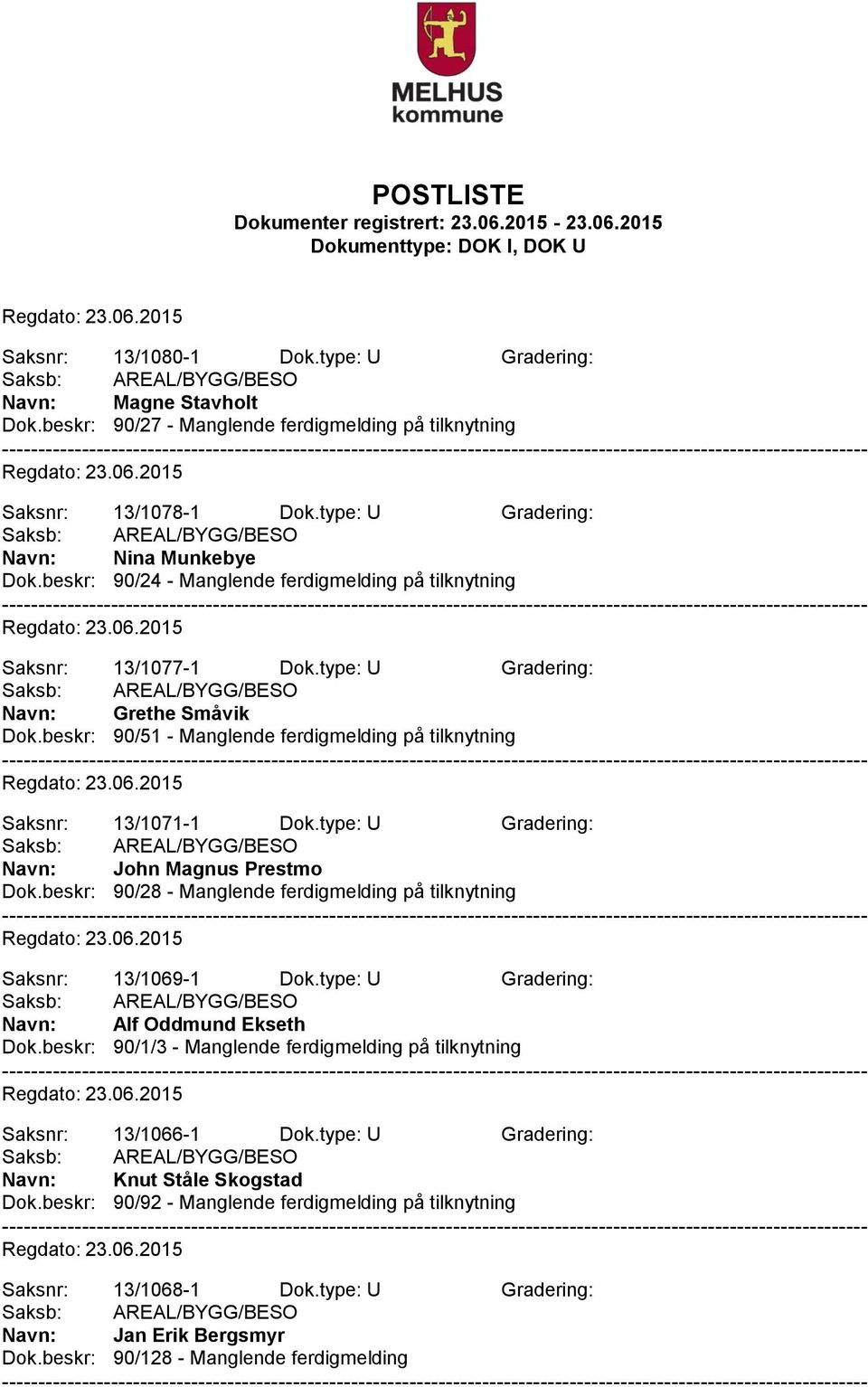 type: U Gradering: Navn: John Magnus Prestmo Dok.beskr: 90/28 - Manglende ferdigmelding på tilknytning Saksnr: 13/1069-1 Dok.type: U Gradering: Navn: Alf Oddmund Ekseth Dok.