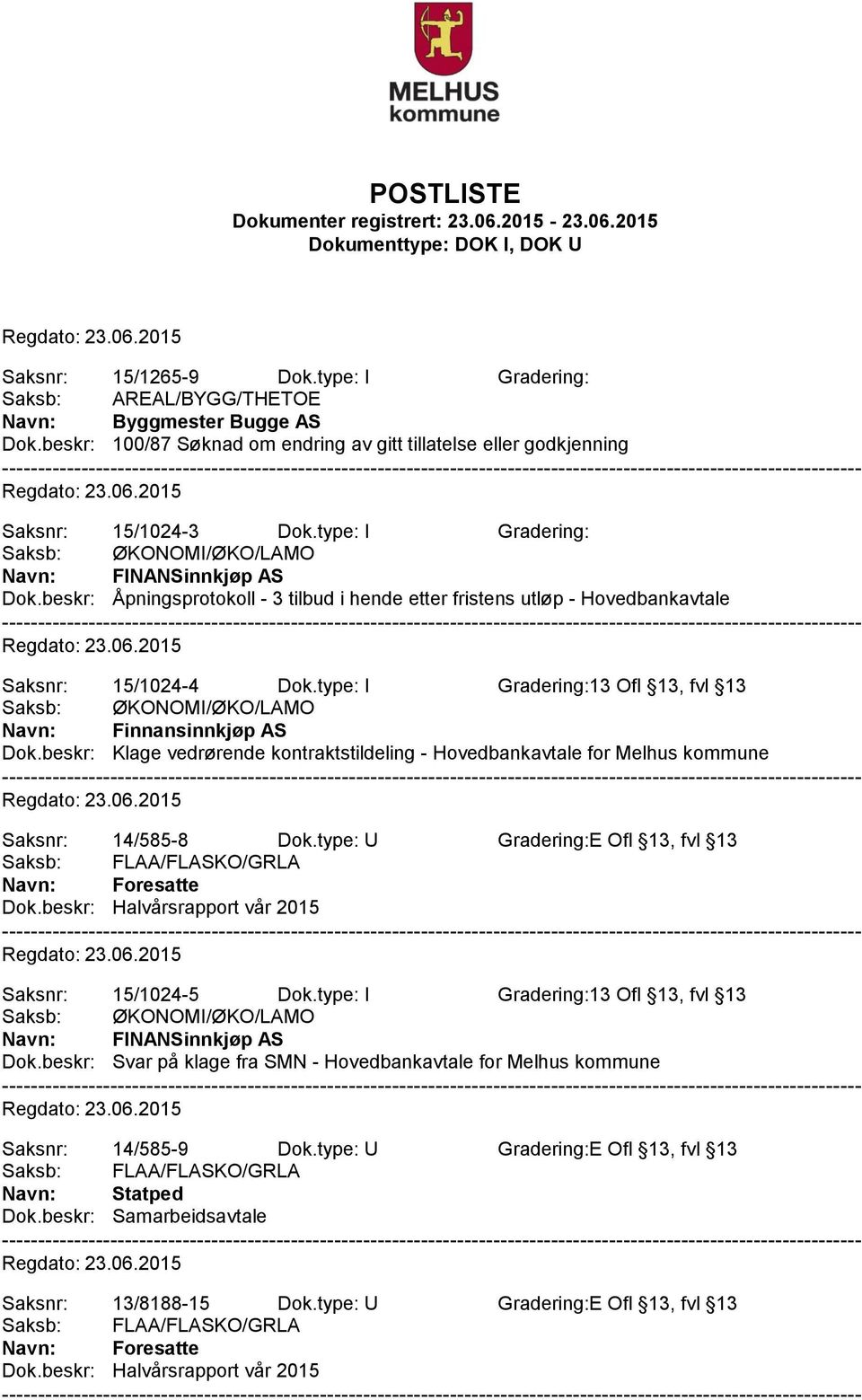 type: I Gradering:13 Ofl 13, fvl 13 Saksb: ØKONOMI/ØKO/LAMO Navn: Finnansinnkjøp AS Dok.beskr: Klage vedrørende kontraktstildeling - Hovedbankavtale for Melhus kommune Saksnr: 14/585-8 Dok.