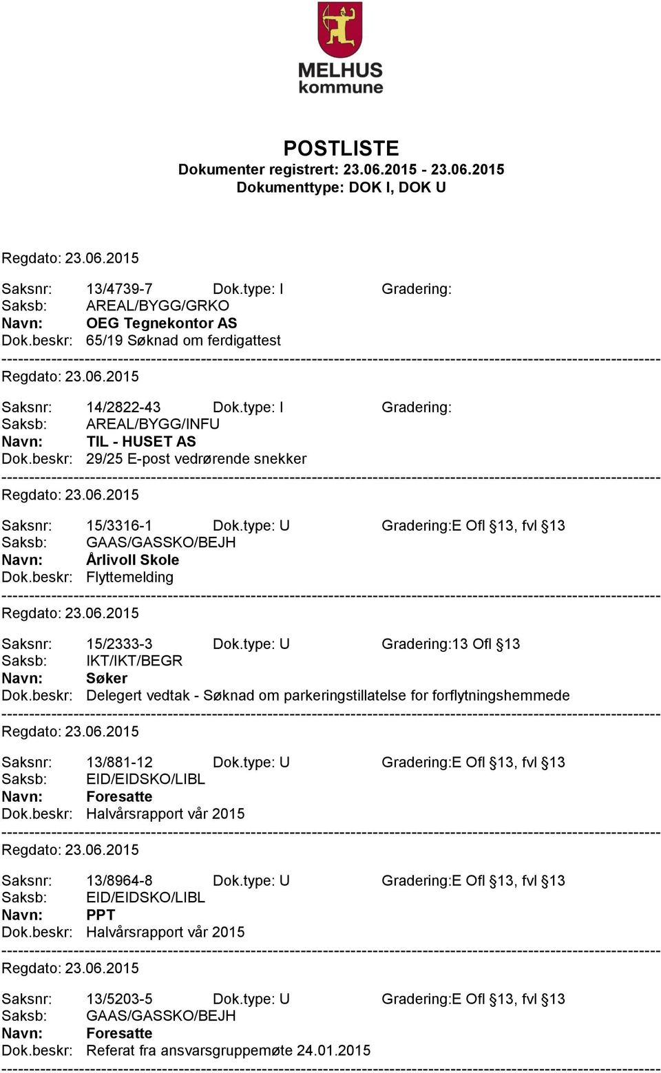 type: U Gradering:E Ofl 13, fvl 13 Saksb: GAAS/GASSKO/BEJH Navn: Årlivoll Skole Dok.beskr: Flyttemelding Saksnr: 15/2333-3 Dok.type: U Gradering:13 Ofl 13 Dok.