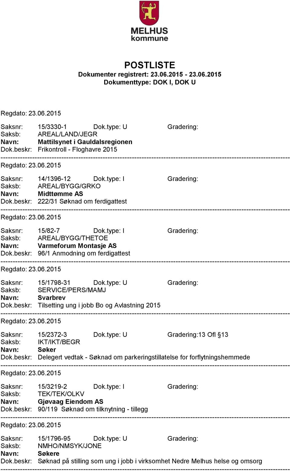 beskr: 96/1 Anmodning om ferdigattest Saksnr: 15/1798-31 Dok.type: U Gradering: Saksb: SERVICE/PERS/MAMJ Navn: Svarbrev Dok.beskr: Tilsetting ung i jobb Bo og Avlastning 2015 Saksnr: 15/2372-3 Dok.