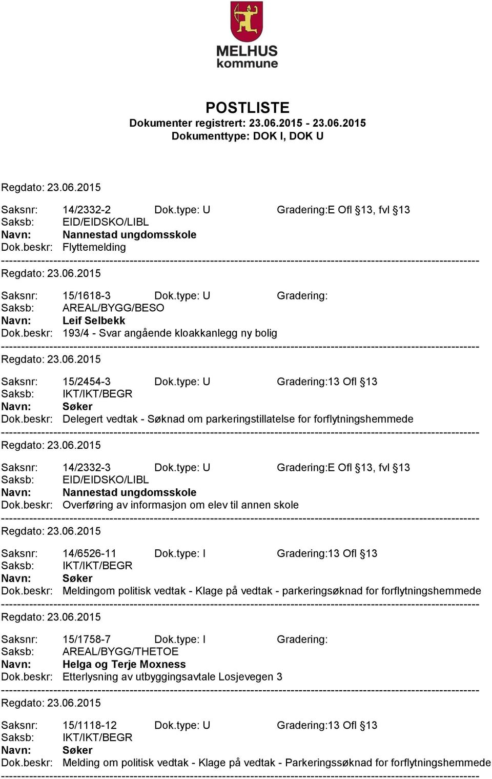 beskr: Delegert vedtak - Søknad om parkeringstillatelse for forflytningshemmede Saksnr: 14/2332-3 Dok.type: U Gradering:E Ofl 13, fvl 13 Saksb: EID/EIDSKO/LIBL Navn: Nannestad ungdomsskole Dok.