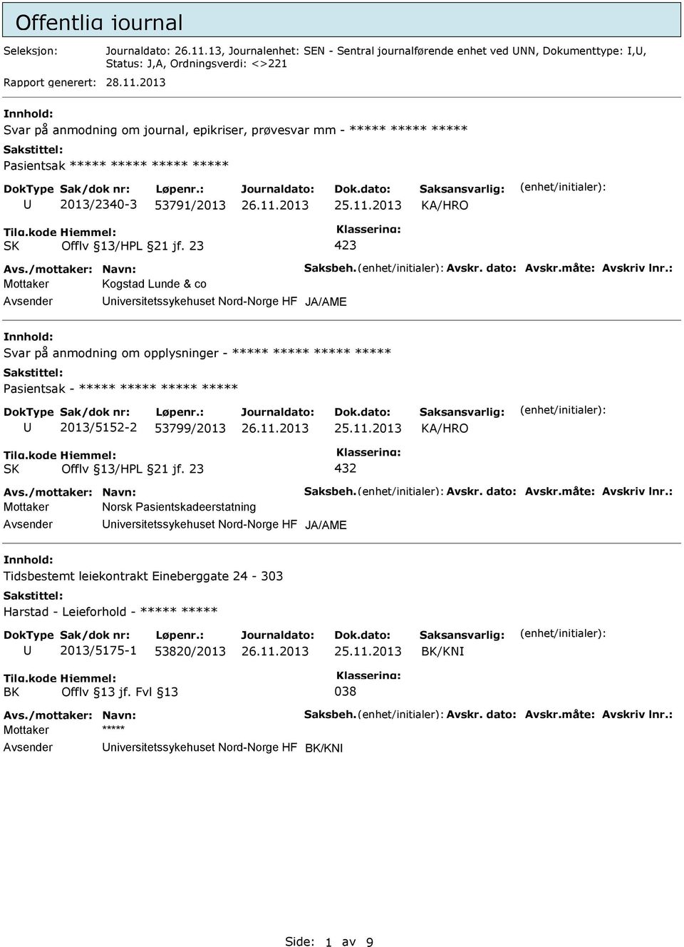 : Mottaker Kogstad Lunde & co niversitetssykehuset Nord-Norge HF Svar på anmodning om opplysninger - ***** ***** ***** ***** 2013/5152-2 53799/2013 432 Avs.