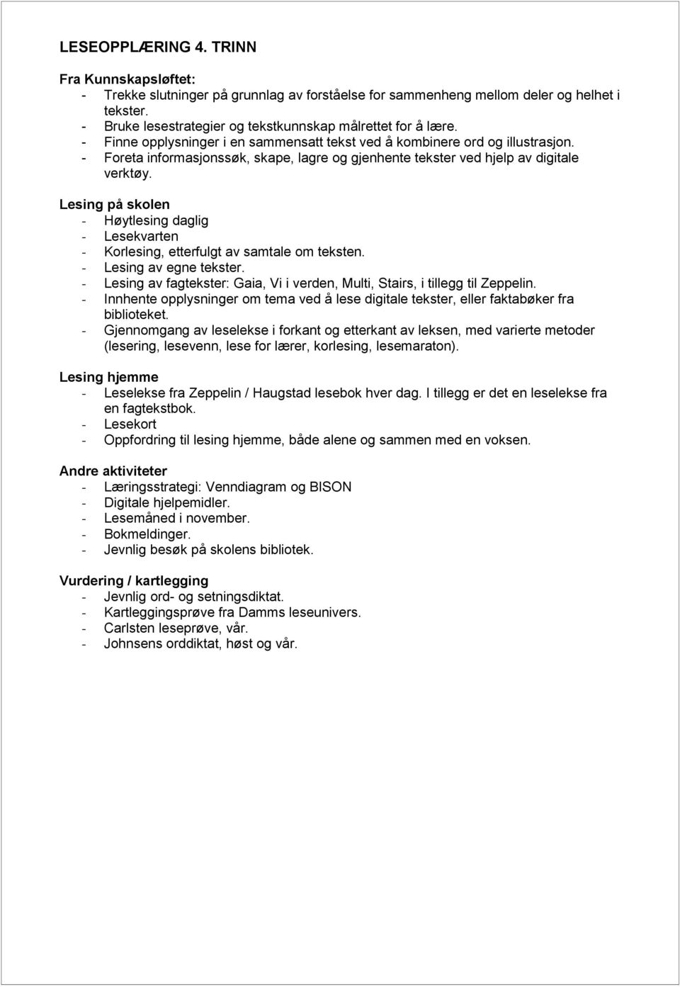 - Høytlesing daglig - Lesekvarten - Korlesing, etterfulgt av samtale om teksten. - Lesing av egne tekster. - Lesing av fagtekster: Gaia, Vi i verden, Multi, Stairs, i tillegg til Zeppelin.