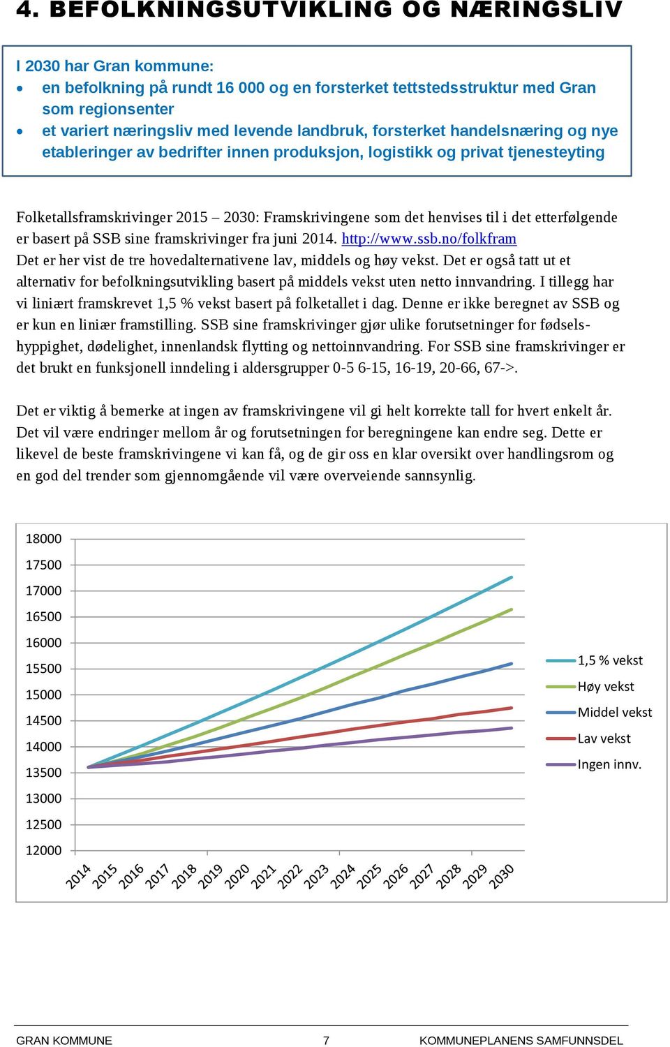 etterfølgende er basert på SSB sine framskrivinger fra juni 2014. http://www.ssb.no/folkfram Det er her vist de tre hovedalternativene lav, middels og høy vekst.