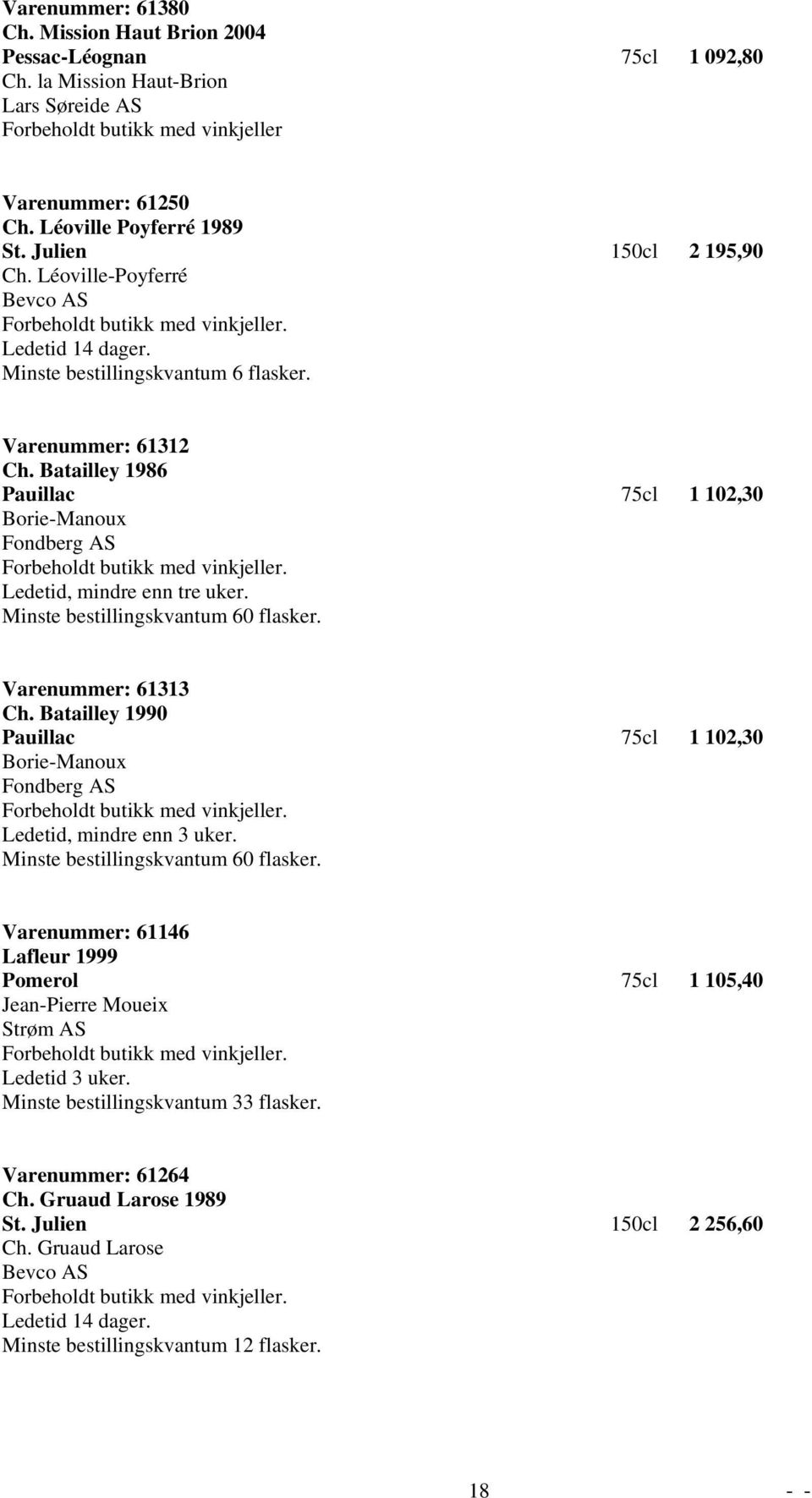 Batailley 1986 Pauillac 75cl 1 102,30 Borie-Manoux Fondberg AS Ledetid, mindre enn tre uker. Minste bestillingskvantum 60 flasker. Varenummer: 61313 Ch.