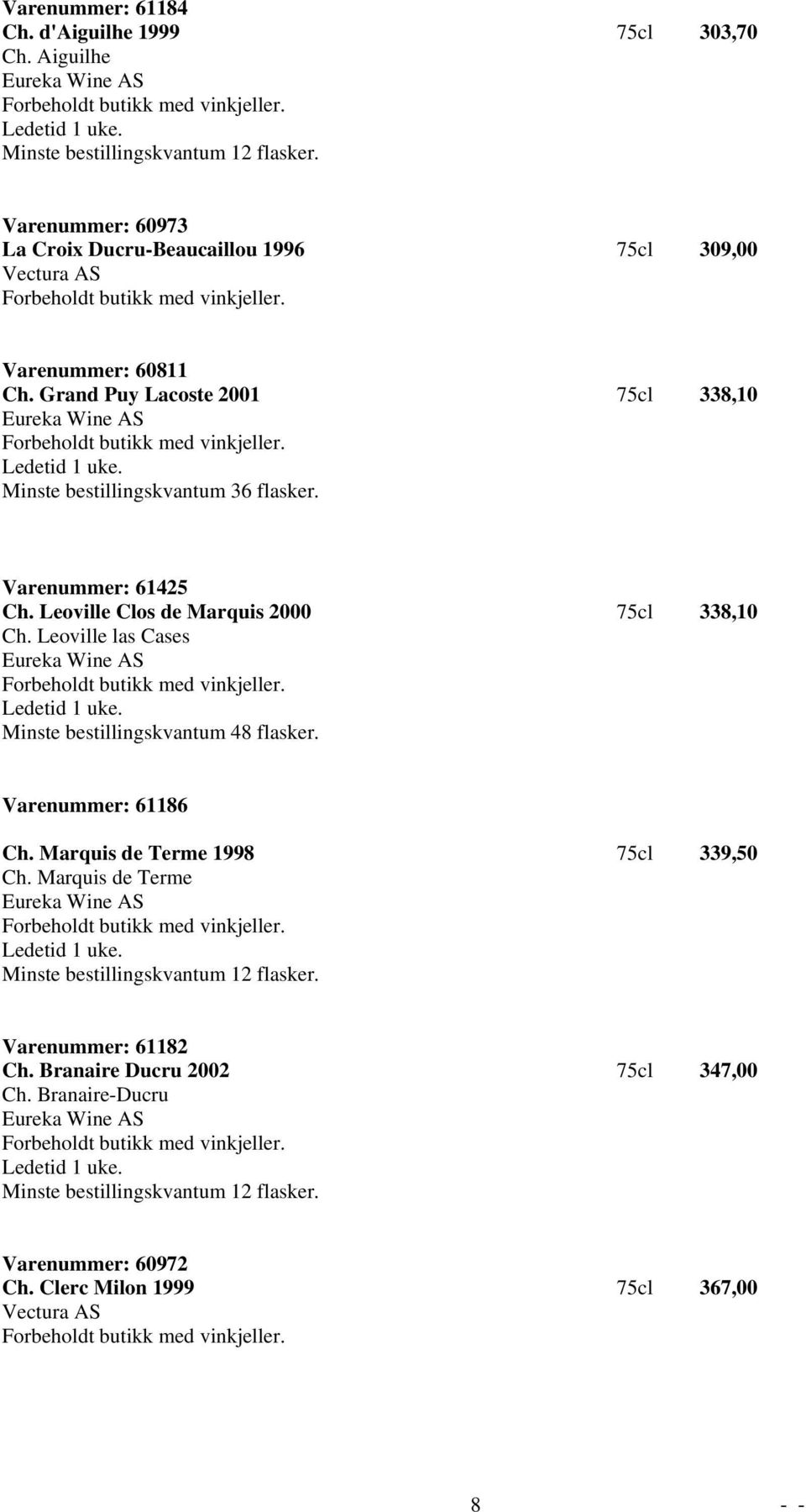 Minste bestillingskvantum 36 flasker. Varenummer: 61425 Ch. Leoville Clos de Marquis 2000 75cl 338,10 Ch. Leoville las Cases Eureka Wine AS Ledetid 1 uke.