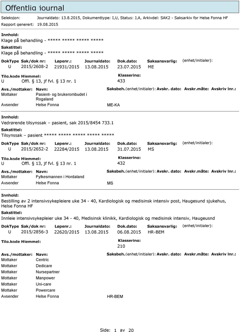 2015 ME 433 Mottaker asient- og brukerombudet i Rogaland ME-KA Vedrørende tilsynssak pasient, sak 2015/8454 733.1 Tilsynssak pasient ***** ***** ***** ***** ***** 2015/2652-2 22284/2015 31.07.