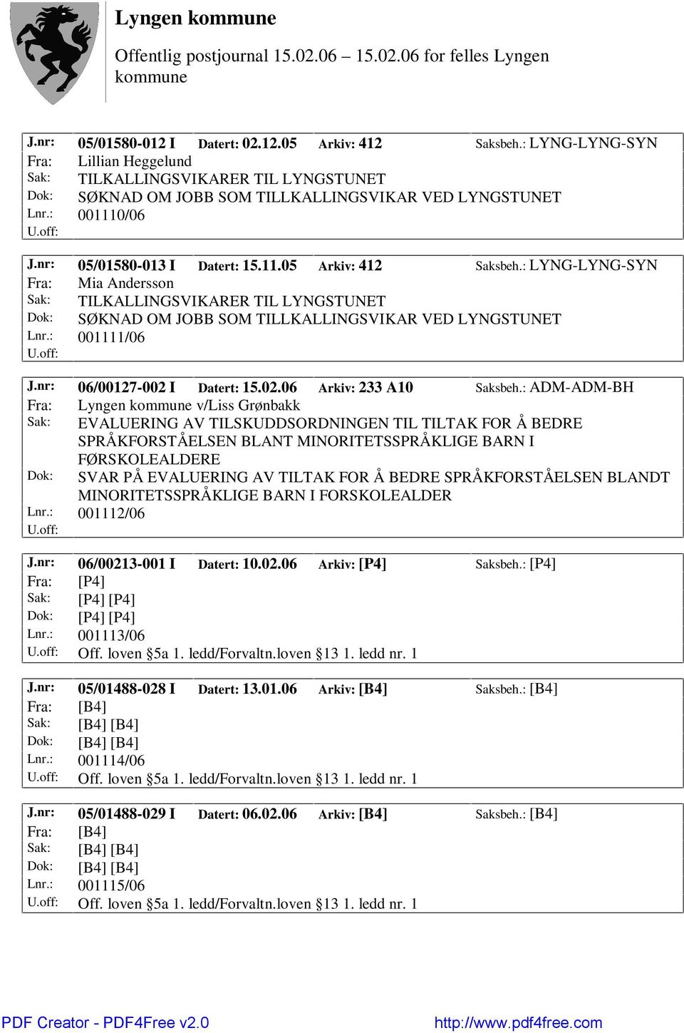 : LYNG-LYNG-SYN Fra: Mia Andersson Sak: TILKALLINGSVIKARER TIL LYNGSTUNET Dok: SØKNAD OM JOBB SOM TILLKALLINGSVIKAR VED LYNGSTUNET Lnr.: 001111/06 J.nr: 06/00127-002 I Datert: 15.02.06 Arkiv: 233 A10 Saksbeh.