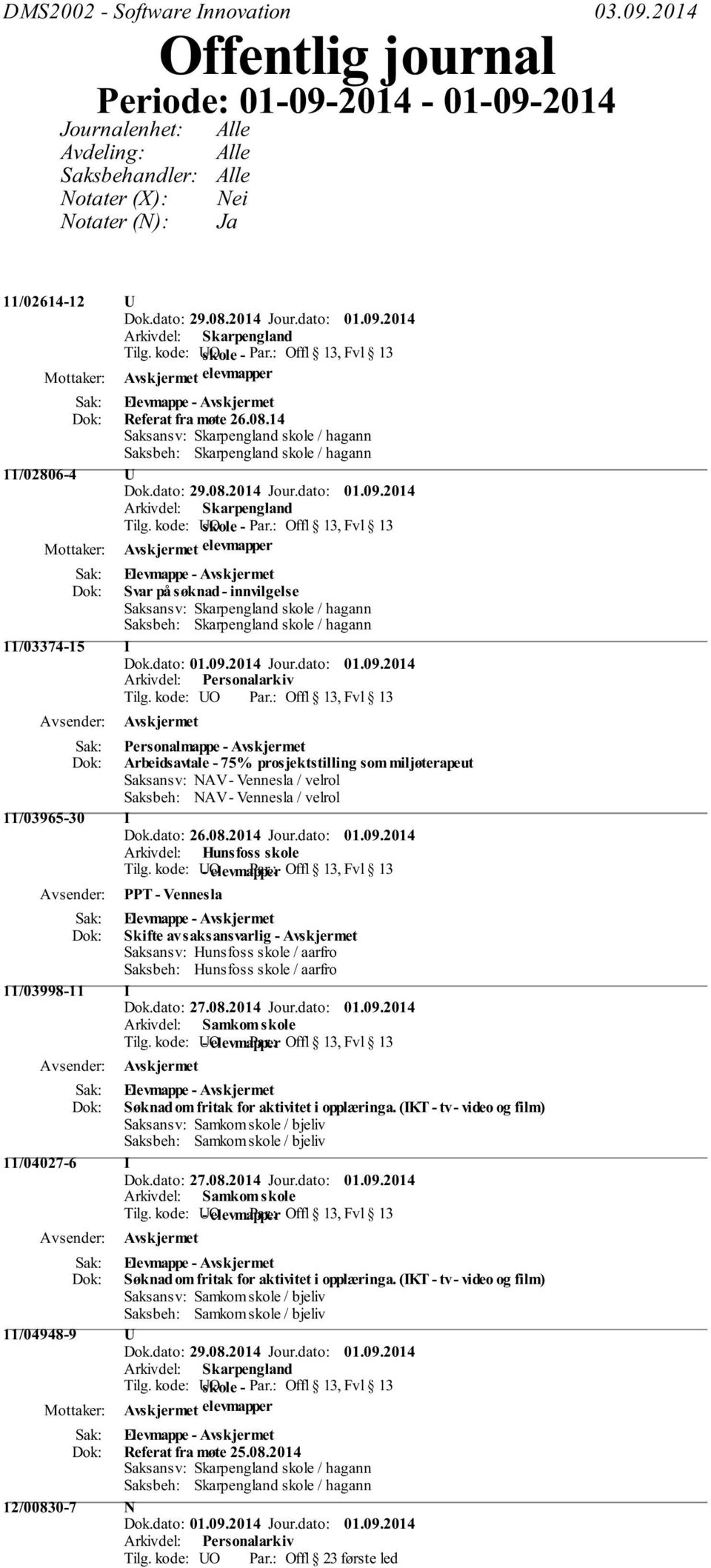 kode: UO skole - Offl 13, Fvl 13 elevmapper Elevmappe - Referat fra møte 26.08.14 Saksansv: Skarpengland skole / hagann Saksbeh: Skarpengland skole / hagann 11/02806-4 U Arkivdel: Skarpengland Tilg.