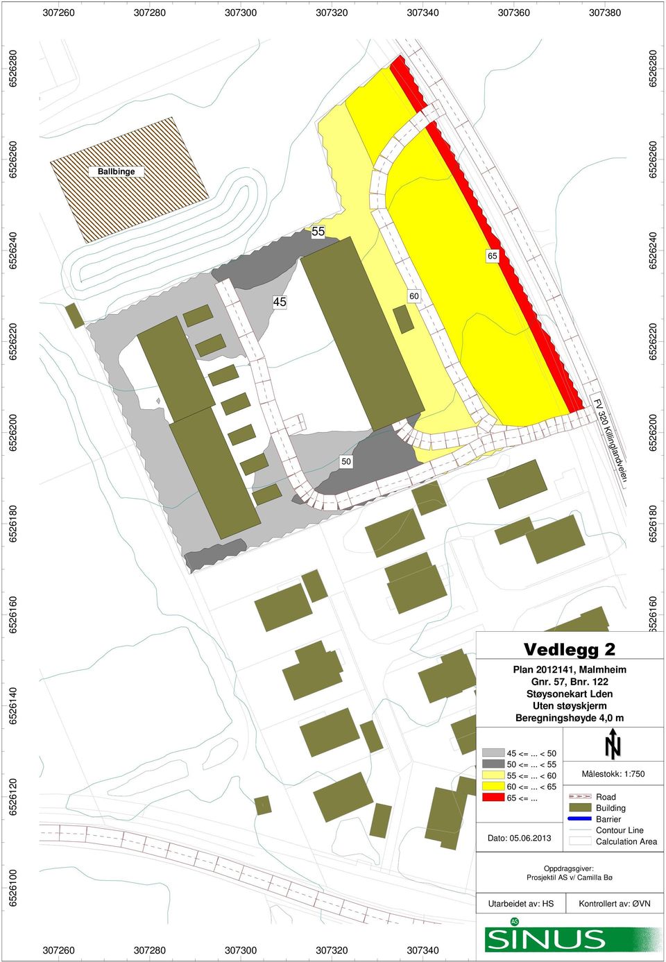 122 Støysonekart Lden Uten støyskjerm Beregningshøyde 4,0 m 45 <=... < 50 50 <=... < 55 55 <=... < <=... < 65 65 <=... Dato: 05.06.