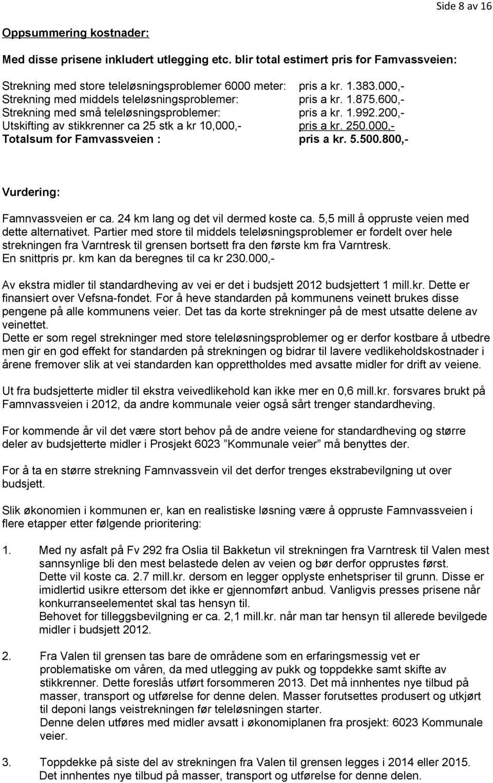 250.000,- Totalsum for Famvassveien : pris a kr. 5.500.800,- Vurdering: Famnvassveien er ca. 24 km lang og det vil dermed koste ca. 5,5 mill å oppruste veien med dette alternativet.