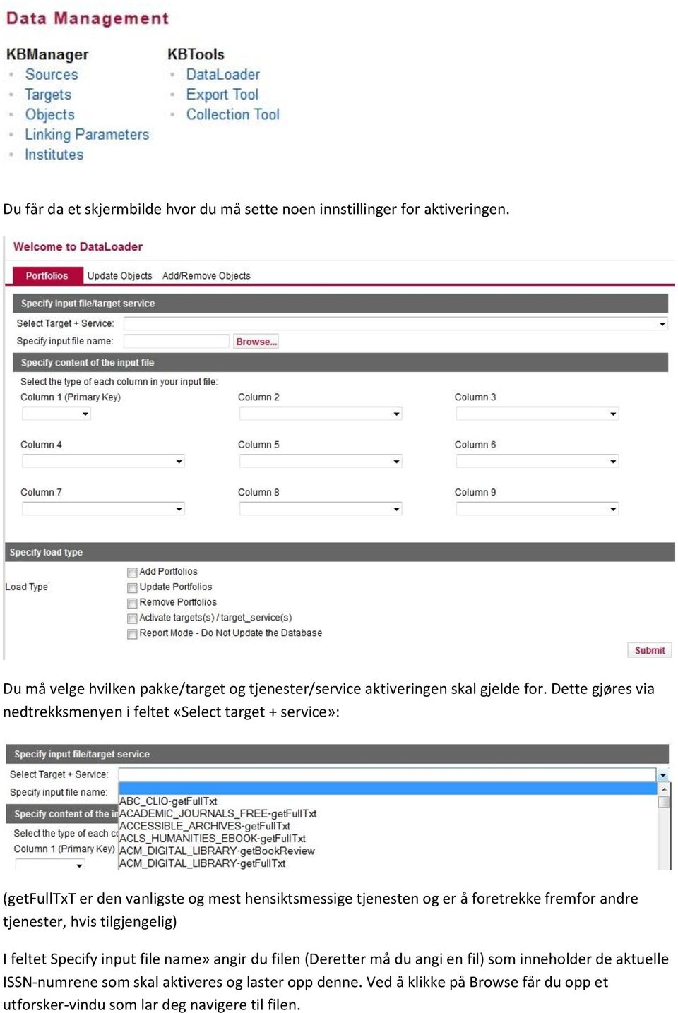 Dette gjøres via nedtrekksmenyen i feltet «Select target + service»: (getfulltxt er den vanligste og mest hensiktsmessige tjenesten og er å