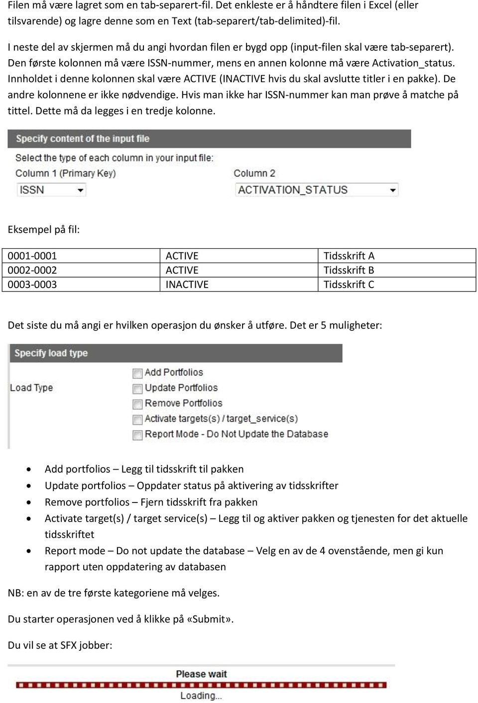 Innholdet i denne kolonnen skal være ACTIVE (INACTIVE hvis du skal avslutte titler i en pakke). De andre kolonnene er ikke nødvendige. Hvis man ikke har ISSN-nummer kan man prøve å matche på tittel.