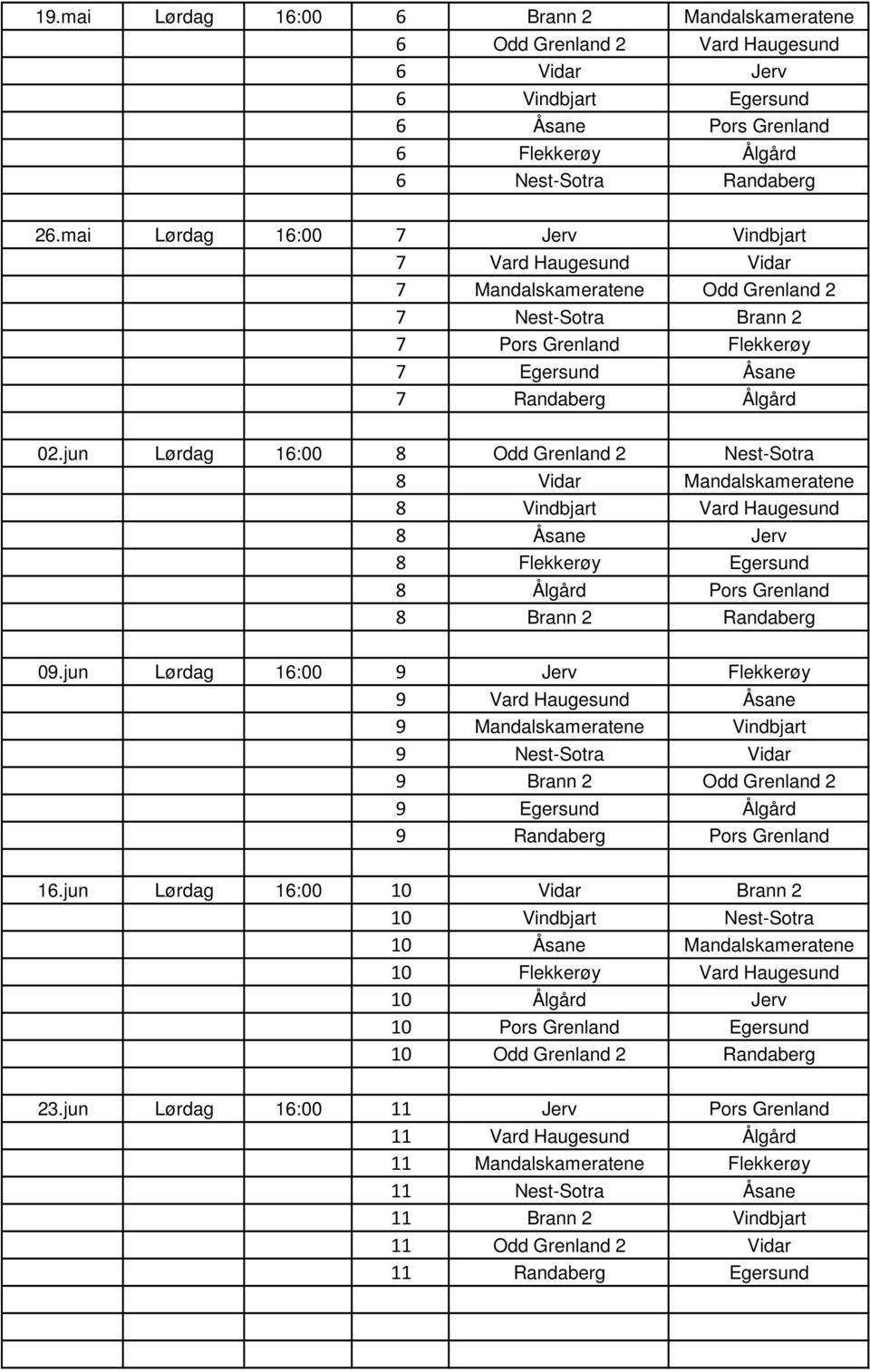 jun Lørdag 16:00 8 Odd Grenland 2 Nest-Sotra 8 Vidar Mandalskameratene 8 Vindbjart Vard Haugesund 8 Åsane Jerv 8 Flekkerøy Egersund 8 Ålgård Pors Grenland 8 Brann 2 Randaberg 09.