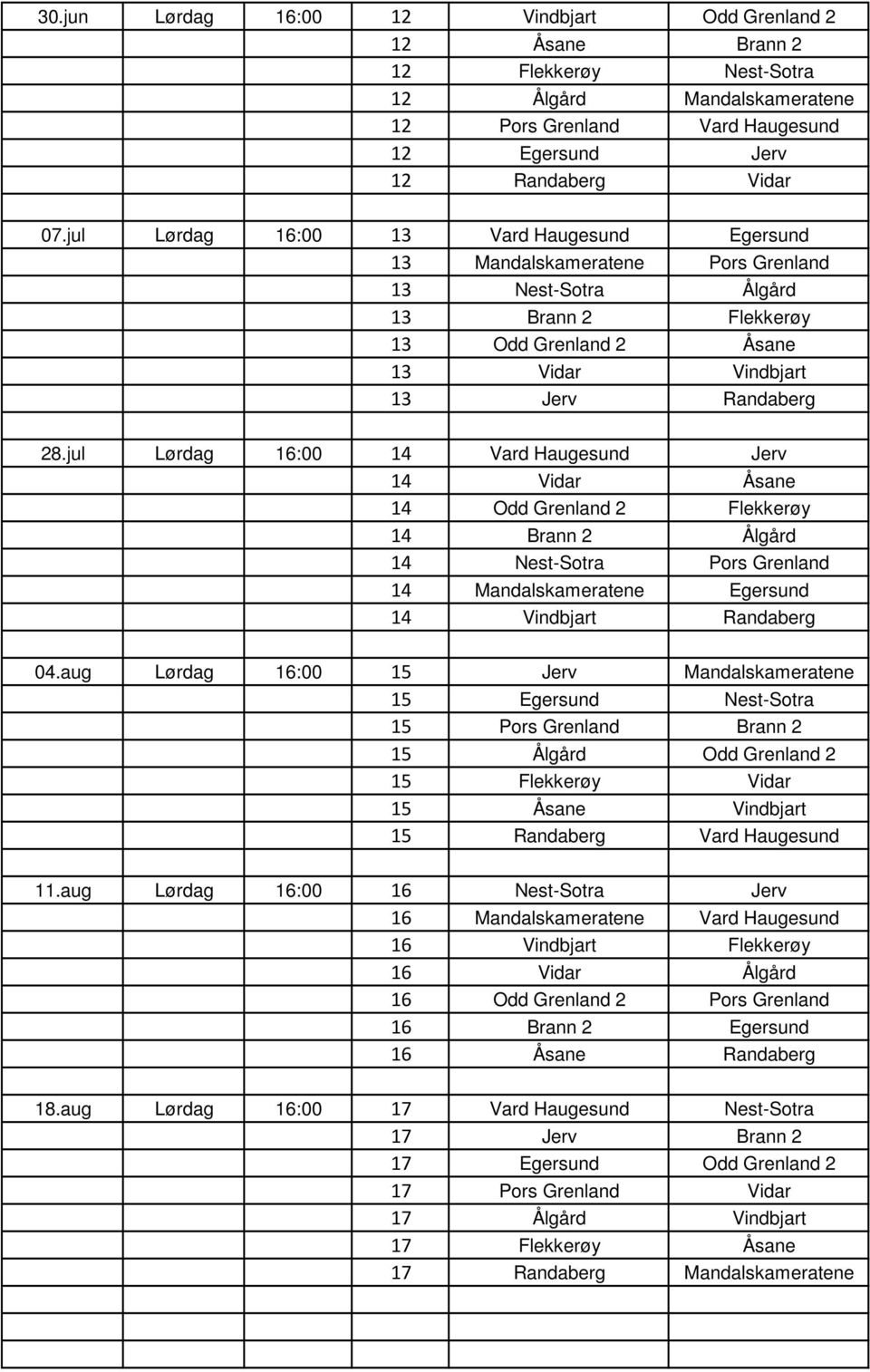 jul Lørdag 16:00 14 Vard Haugesund Jerv 14 Vidar Åsane 14 Odd Grenland 2 Flekkerøy 14 Brann 2 Ålgård 14 Nest-Sotra Pors Grenland 14 Mandalskameratene Egersund 14 Vindbjart Randaberg 04.