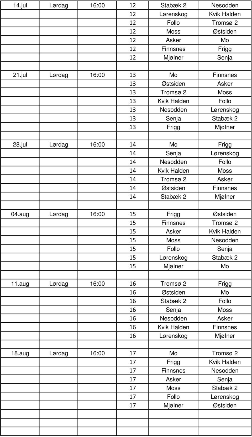 jul Lørdag 16:00 14 Mo Frigg 14 Senja Lørenskog 14 Nesodden Follo 14 Kvik Halden Moss 14 Tromsø 2 Asker 14 Østsiden Finnsnes 14 Stabæk 2 Mjølner 04.