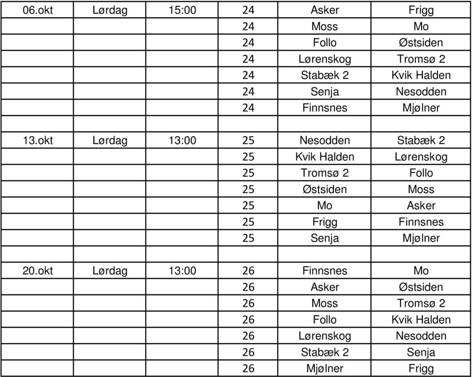 okt Lørdag 13:00 25 Nesodden Stabæk 2 25 Kvik Halden Lørenskog 25 Tromsø 2 Follo 25 Østsiden Moss 25 Mo Asker