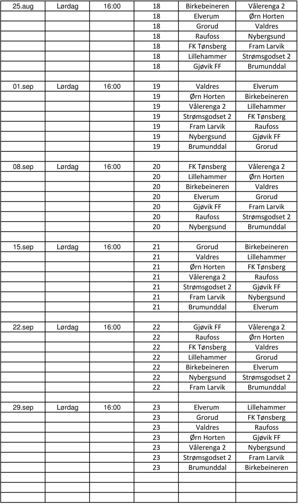 sep Lørdag 16:00 20 FK Tønsberg Vålerenga 2 20 Lillehammer Ørn Horten 20 Birkebeineren Valdres 20 Elverum Grorud 20 Gjøvik FF Fram Larvik 20 Raufoss Strømsgodset 2 20 Nybergsund Brumunddal 15.