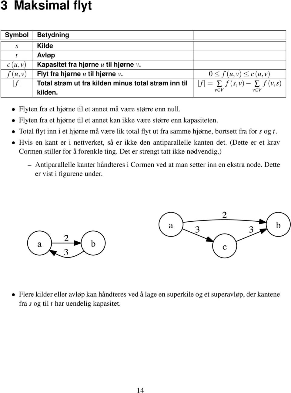 Flyten fra et hjørne til et annet kan ikke være større enn kapasiteten. Total flyt inn i et hjørne må være lik total flyt ut fra samme hjørne, bortsett fra for s og t.