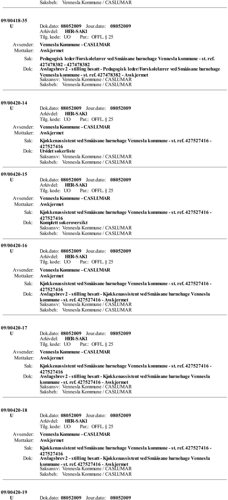 dato: Kjøkkenassistent ved Smååsane barnehage Vennesla kommune - st. ref. - 09/00420-15 U Dok.dato: Jour.dato: Kjøkkenassistent ved Smååsane barnehage Vennesla kommune - st. ref. - Komplett søkeroversikt 09/00420-16 U Dok.