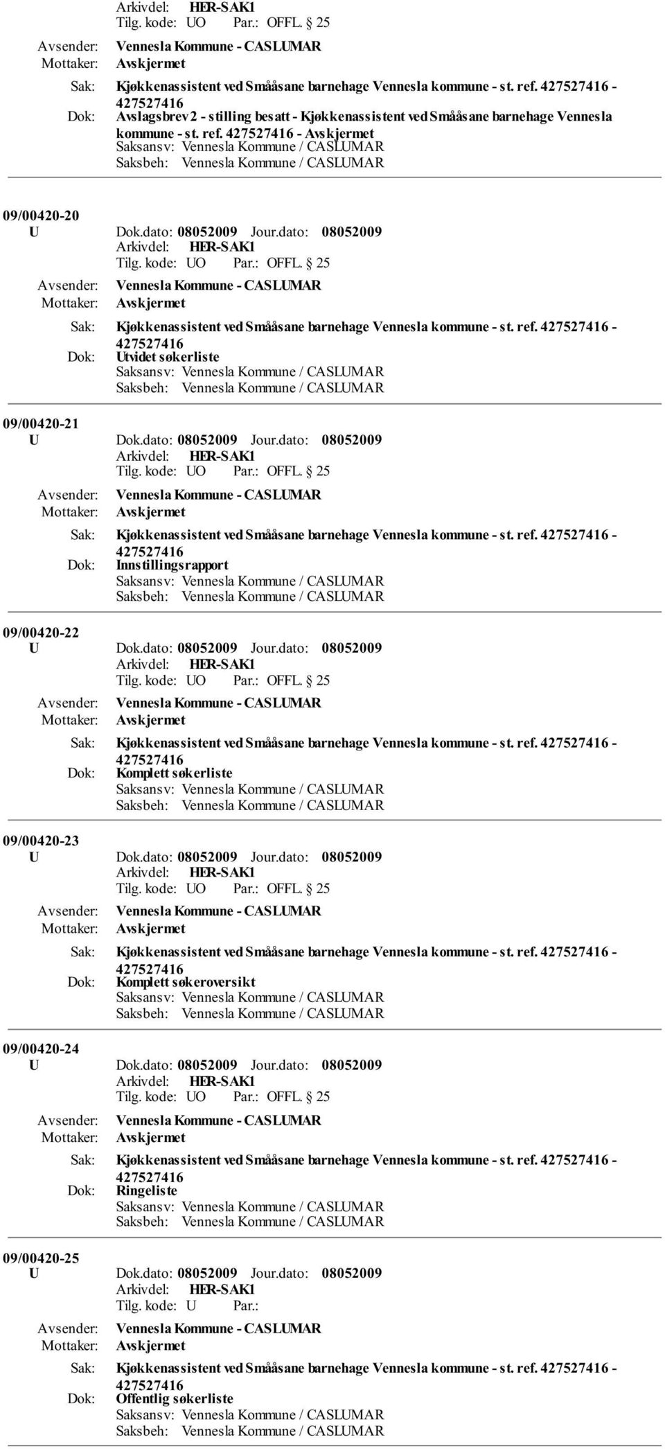 dato: Jour.dato: Kjøkkenassistent ved Smååsane barnehage Vennesla kommune - st. ref. - Komplett søkerliste 09/00420-23 U Dok.dato: Jour.dato: Kjøkkenassistent ved Smååsane barnehage Vennesla kommune - st. ref. - Komplett søkeroversikt 09/00420-24 U Dok.