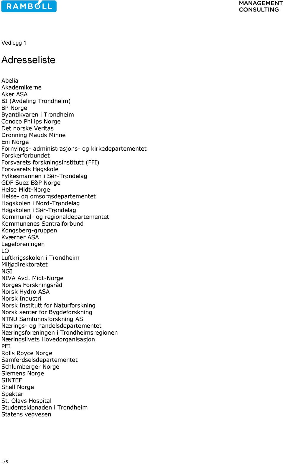 omsorgsdepartementet Høgskolen i Nord-Trøndelag Høgskolen i Sør-Trøndelag Kommunal- og regionaldepartementet Kommunenes Sentralforbund Kongsberg-gruppen Kværner ASA Legeforeningen LO Luftkrigsskolen