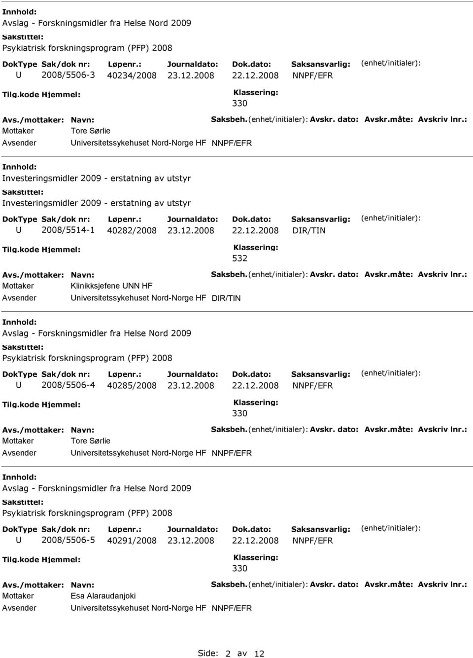 niversitetssykehuset Nord-Norge HF DR/TN Avslag - Forskningsmidler fra Helse Nord 2009 2008/5506-4 40285/2008 Mottaker Tore Sørlie