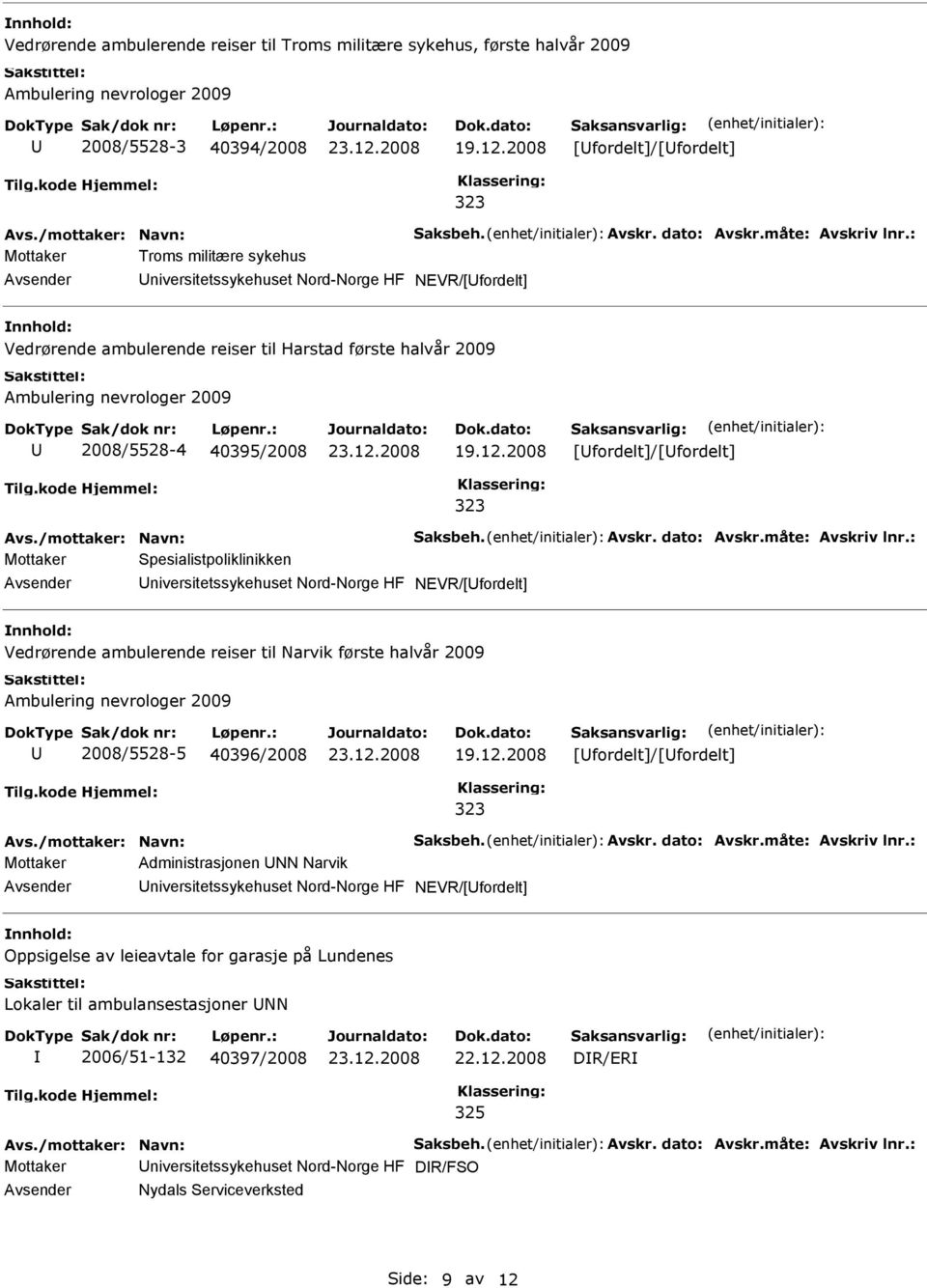 Spesialistpoliklinikken niversitetssykehuset Nord-Norge HF NEVR/[fordelt] Vedrørende ambulerende reiser til Narvik første halvår 2009 Ambulering nevrologer 2009 2008/5528-5 40396/2008