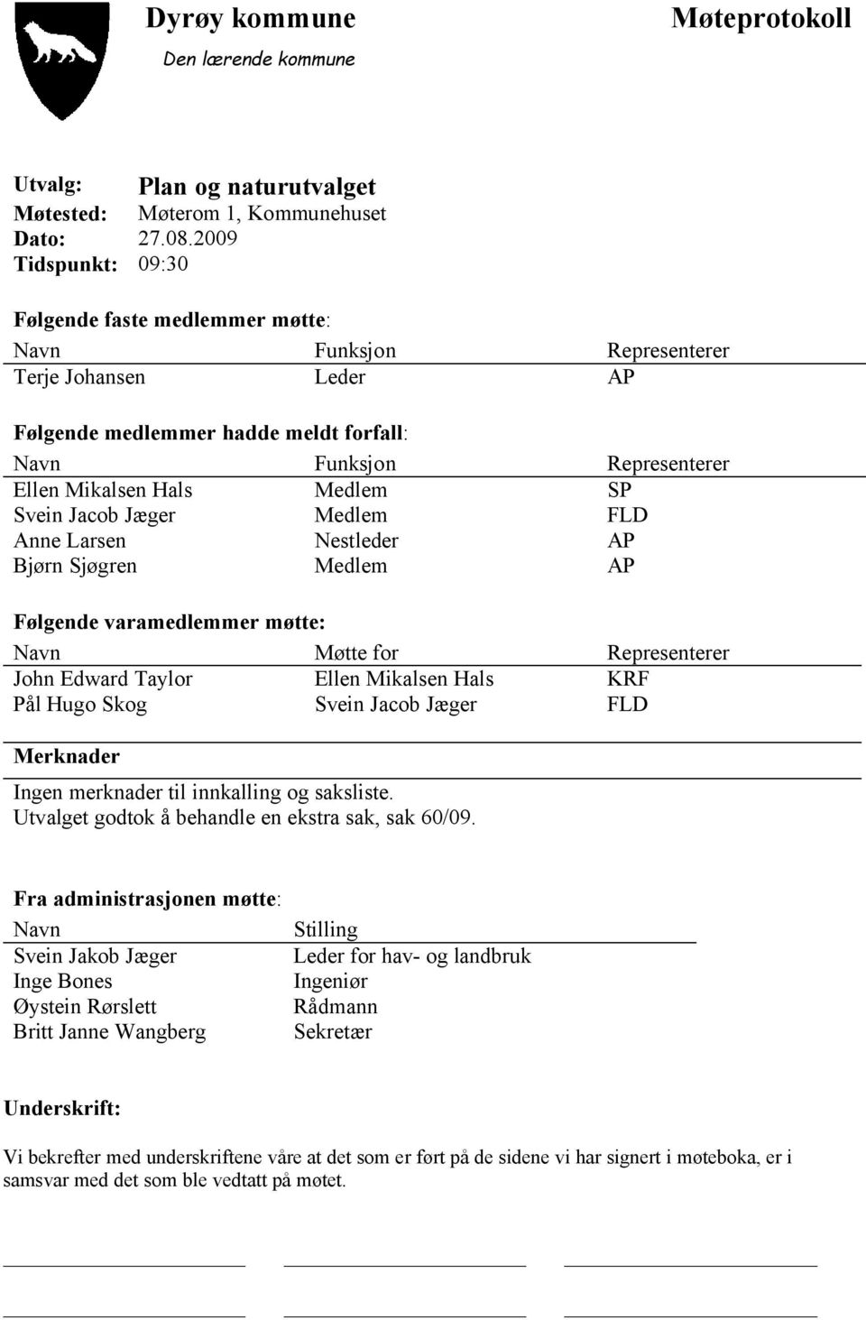 Medlem SP Svein Jacob Jæger Medlem FLD Anne Larsen Nestleder AP Bjørn Sjøgren Medlem AP Følgende varamedlemmer møtte: Navn Møtte for Representerer John Edward Taylor Ellen Mikalsen Hals KRF Pål Hugo