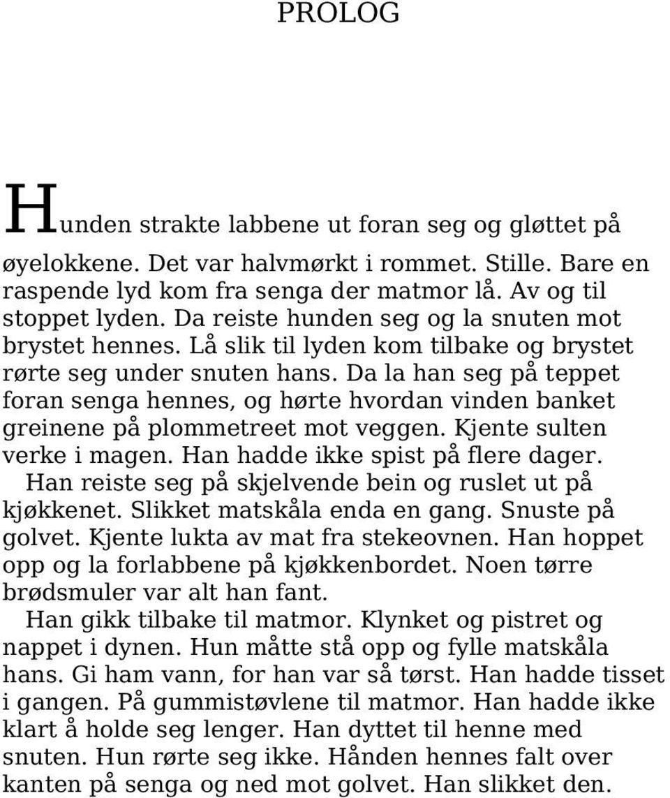 Da la han seg på teppet foran senga hennes, og hørte hvordan vinden banket greinene på plommetreet mot veggen. Kjente sulten verke i magen. Han hadde ikke spist på flere dager.