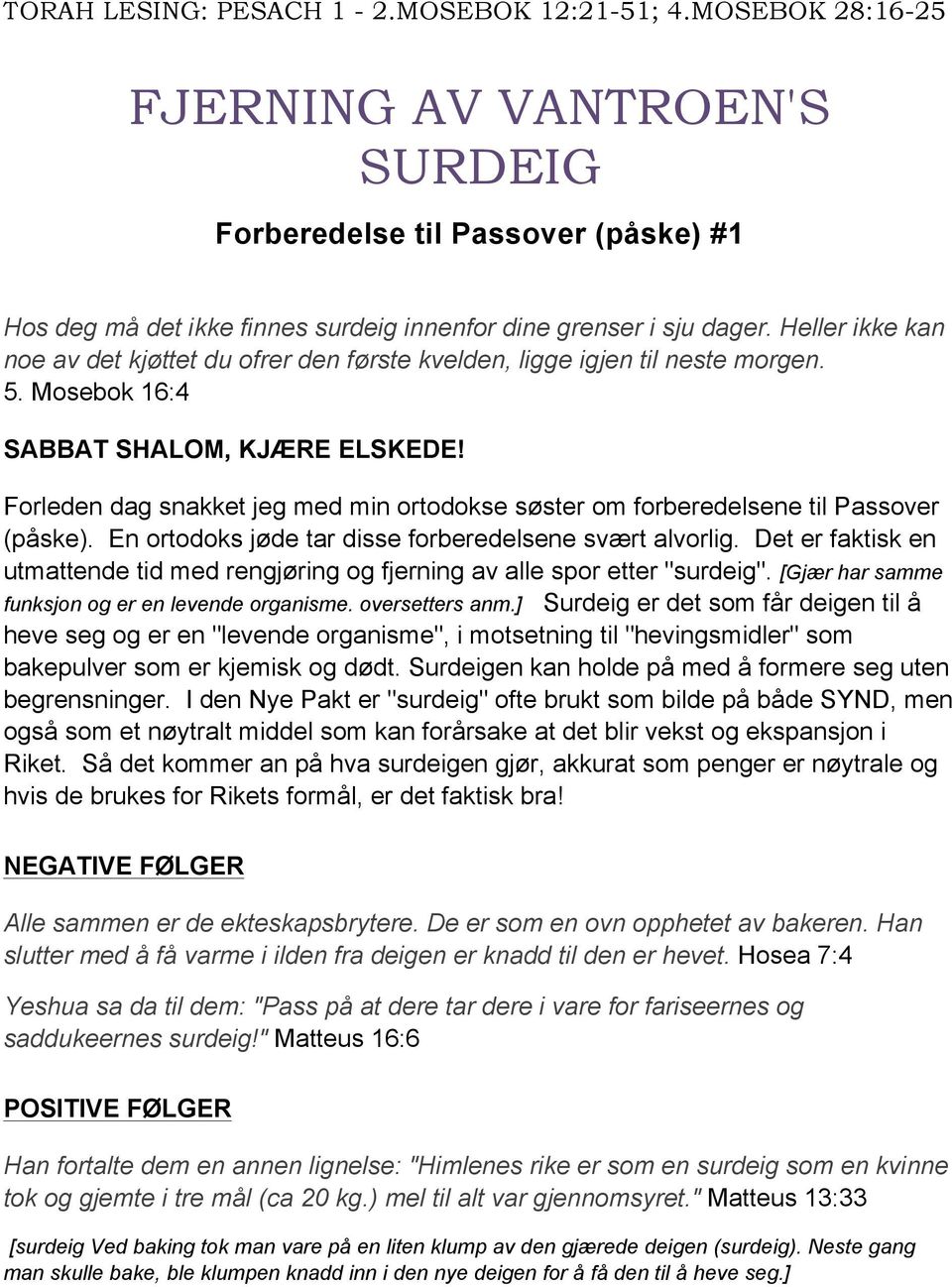 Forleden dag snakket jeg med min ortodokse søster om forberedelsene til Passover (påske). En ortodoks jøde tar disse forberedelsene svært alvorlig.