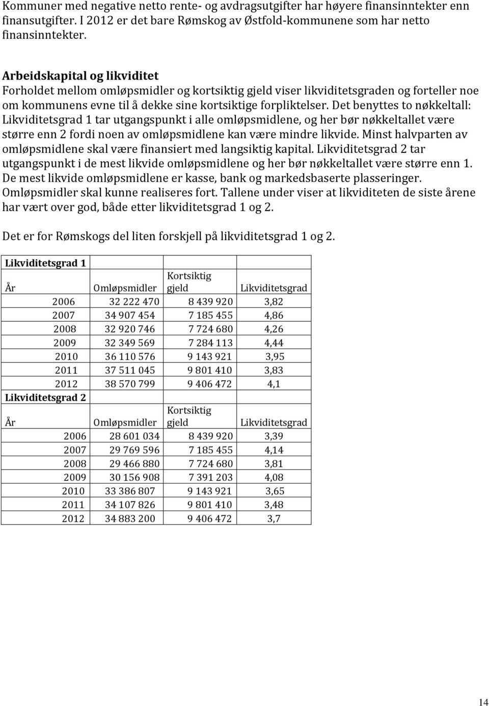 Det benyttes to nøkkeltall: Likviditetsgrad 1 tar utgangspunkt i alle omløpsmidlene, og her bør nøkkeltallet være større enn 2 fordi noen av omløpsmidlene kan være mindre likvide.