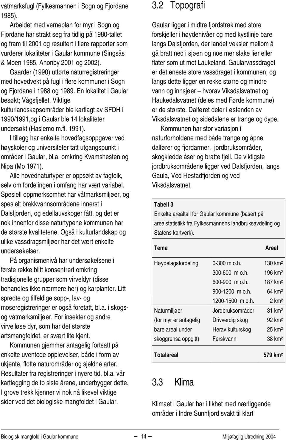 1985, Anonby 2001 og 2002). Gaarder (1990) utførte naturregistreringer med hovedvekt på fugl i flere kommuner i Sogn og Fjordane i 1988 og 1989. En lokalitet i Gaular besøkt; Vågsfjellet.