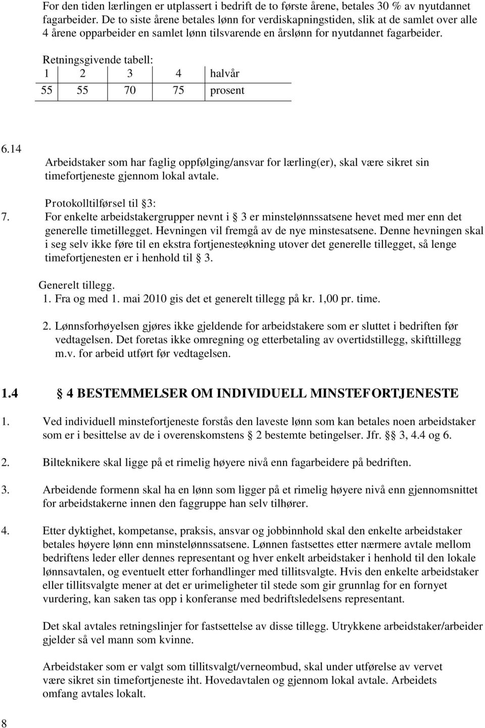 Retningsgivende tabell: 1 2 3 4 halvår 55 55 70 75 prosent 6.14 Arbeidstaker som har faglig oppfølging/ansvar for lærling(er), skal være sikret sin timefortjeneste gjennom lokal avtale.