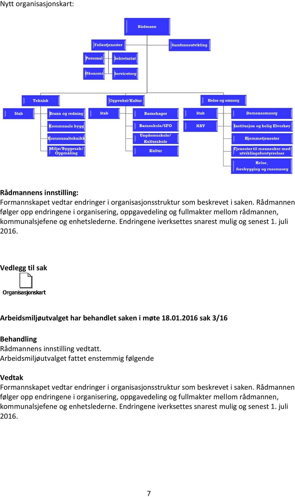 Vedlegg til sak Arbeidsmiljøutvalget har behandlet saken i møte 18.01.2016 sak 3/16 Behandling Rådmannens innstilling vedtatt.