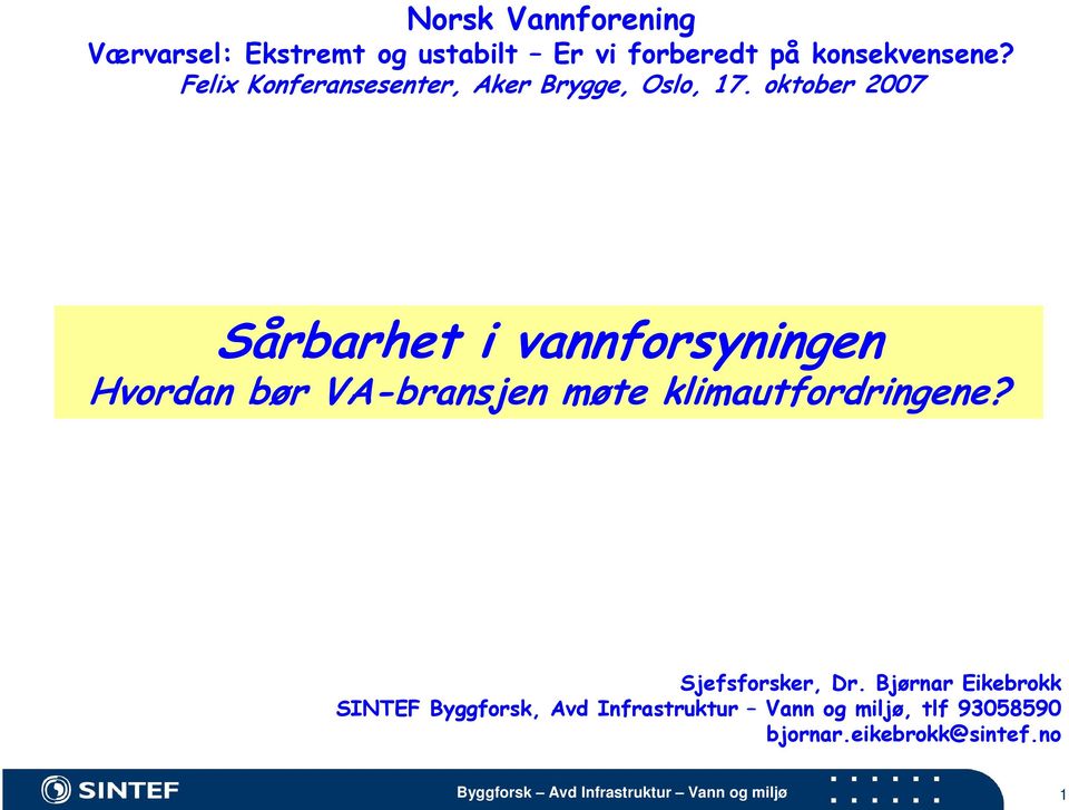 oktober 2007 Sårbarhet i vannforsyningen Hvordan bør VA-bransjen møte