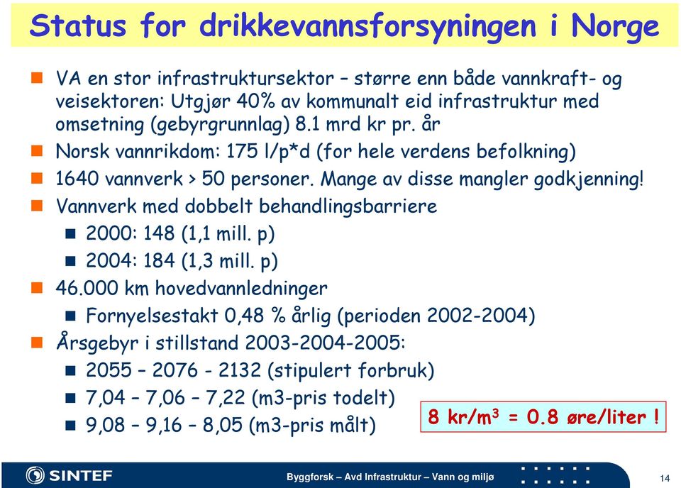 Mange av disse mangler godkjenning! Vannverk med dobbelt behandlingsbarriere 2000: 148 (1,1 mill. p) 2004: 184 (1,3 mill. p) 46.