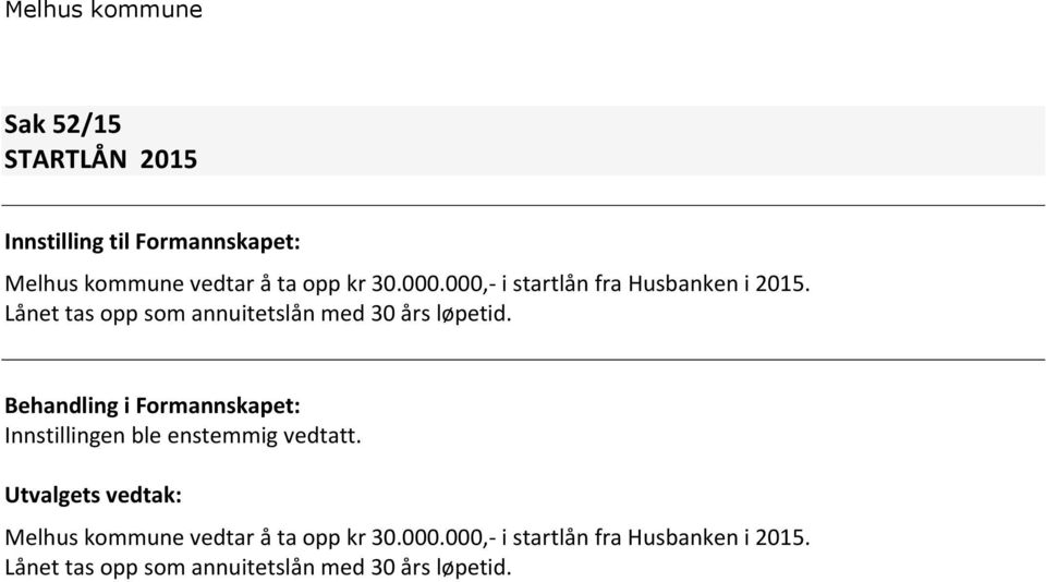 Behandling i Formannskapet: Innstillingen ble enstemmig vedtatt.