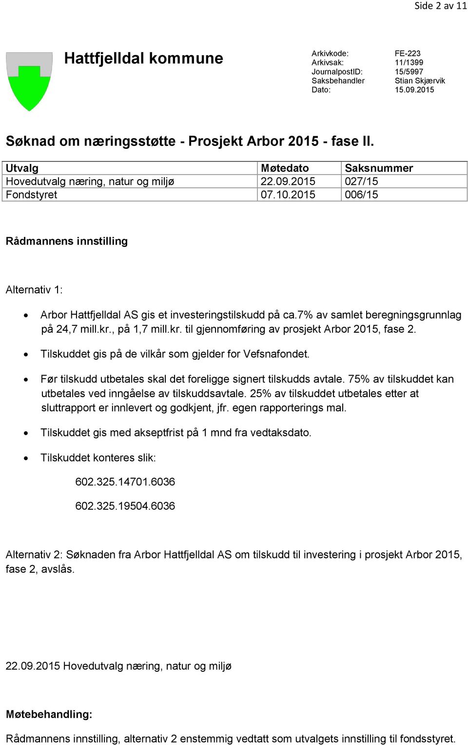 2015 006/15 Rådmannens innstilling Alternativ 1: Arbor Hattfjelldal AS gis et investeringstilskudd på ca.7% av samlet beregningsgrunnlag på 24,7 mill.kr.