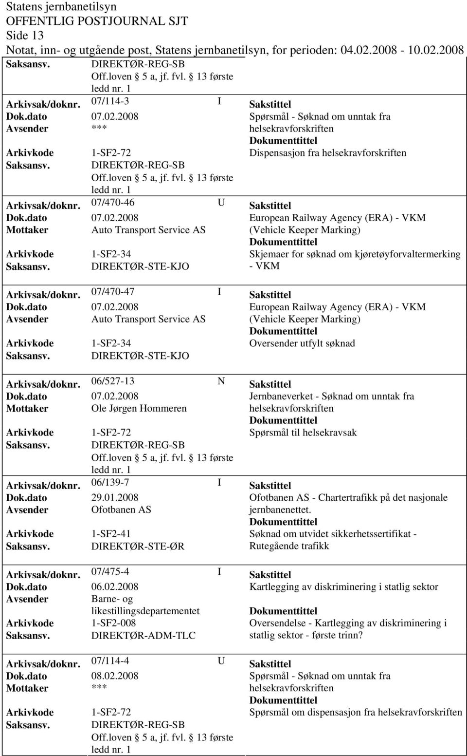 DIREKTØR-STE-KJO - VKM Arkivsak/doknr. 07/470-47 I Sakstittel European Railway Agency (ERA) - VKM Avsender Auto Transport Service AS (Vehicle Keeper Marking) Oversender utfylt søknad Saksansv.