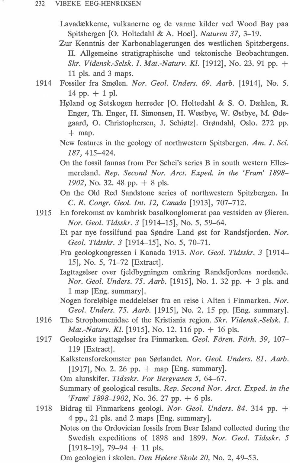 + 11 pls. and 3 maps. 1914 Fossiler fra Smølen. Nor. Geol. Unders. 69. Aarb. [1914], No. 5. 14 pp. + 1 pl. Høland og Setskogen herreder [0. Holtedahl & S. O. Dæhlen, R. Enger, Th. Enger, H.