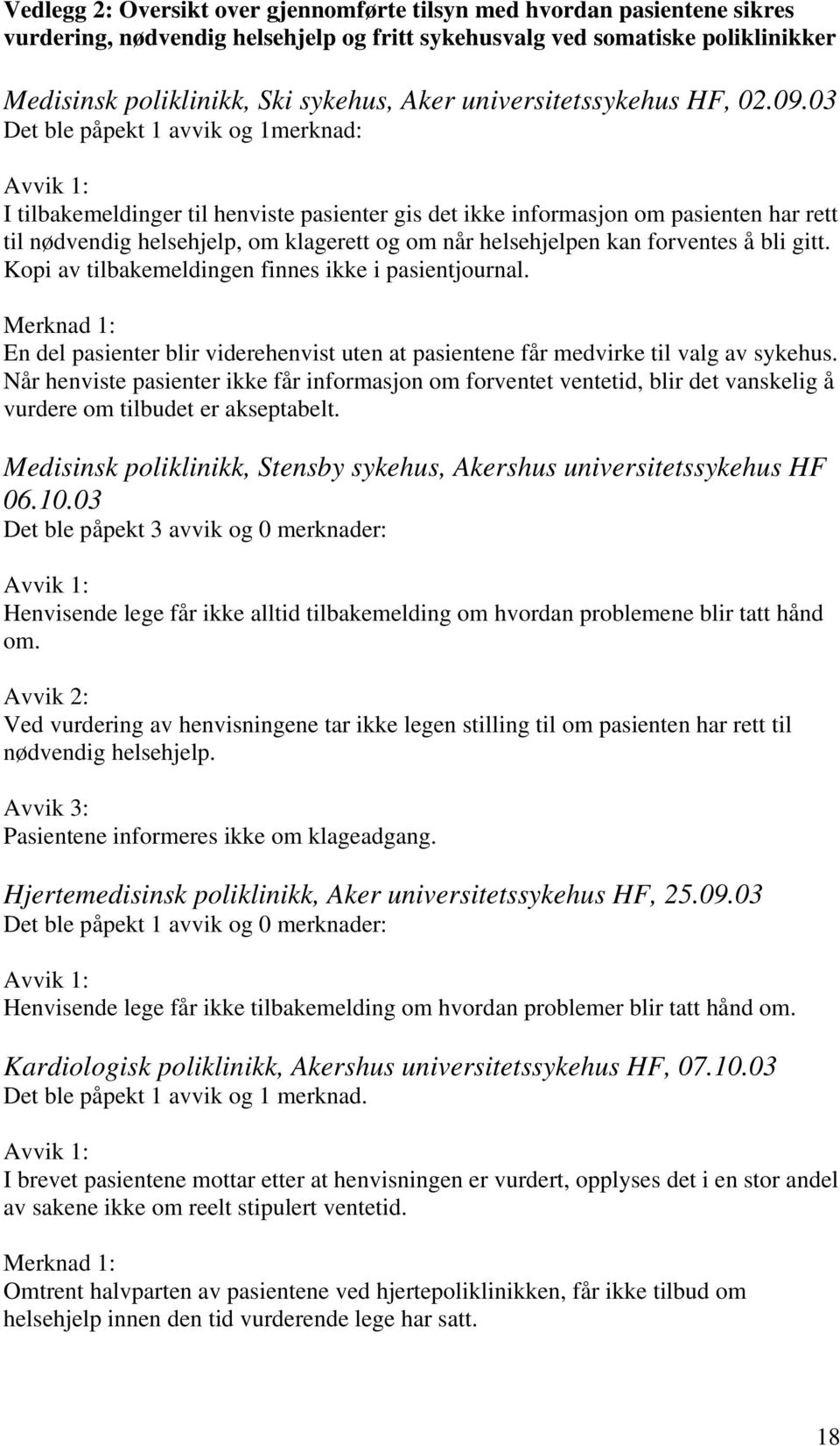 03 Det ble påpekt 1 avvik og 1merknad: I tilbakemeldinger til henviste pasienter gis det ikke informasjon om pasienten har rett til nødvendig helsehjelp, om klagerett og om når helsehjelpen kan